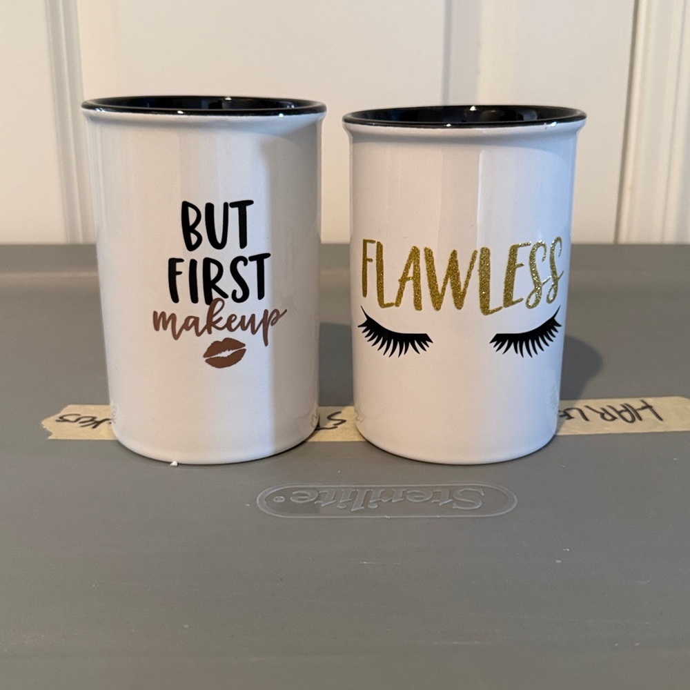 White Makeup Brush Holders with Black and Gold Accents